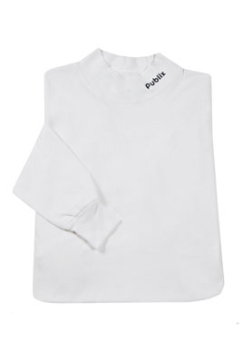 White mock turtleneck long sleeve shirt with Publix written on the neck.