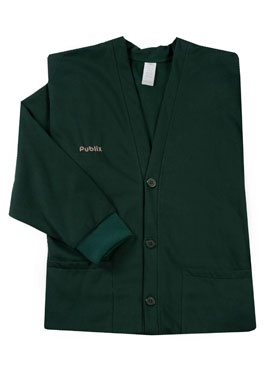 Forest green fleece cardigan with pockets and Publix written on the right.